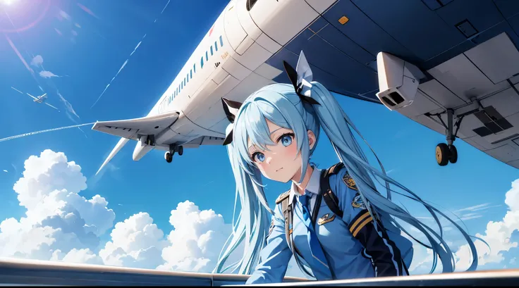 in a sunny day,Cute captain in flight uniform、light blue long hair、twin tails,Boeing B787 cockpit、