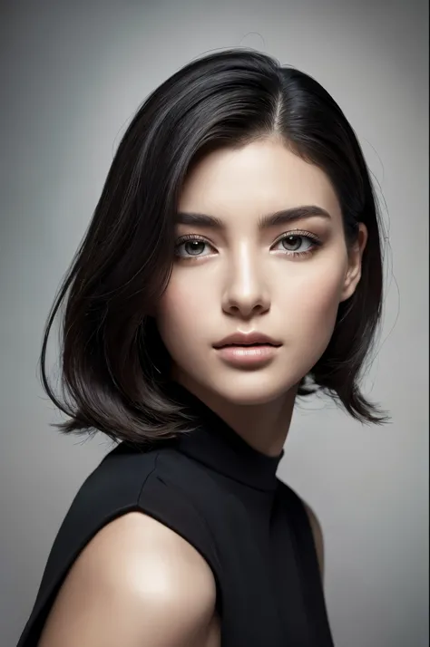 woman in her 20s，She has long black hair, Embrace the Modern Trendy High Top Fade Hairstyle, Dark theme as background. The woman exudes a sense of tranquility and elegance, Her black hair falls from her shoulders. Her skin exhibits natural texture and a su...