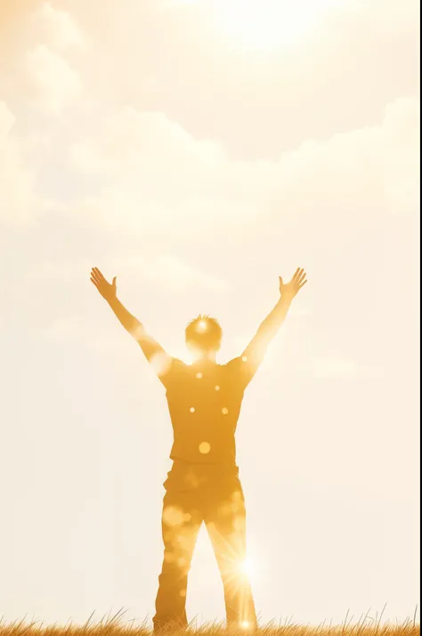 there is a man standing on a hill with his arms outstretched, praising the sun, sunburst behind woman, his arms spread. ready to fly, arms outstretched, dissolving into the air, stands in center with open arms, standing in fire, female ascending into the s...