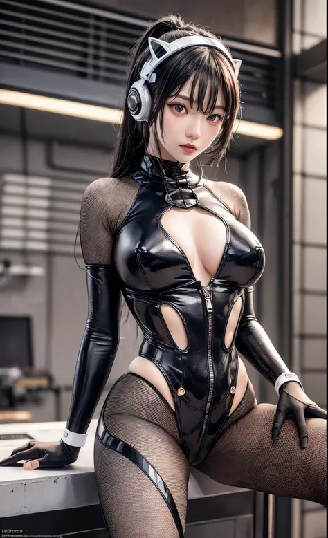 delicate face, 20 year old KPOP idol {cyborg} girl, (carbon fiber cyborg body), carbon fiber body, {{angled bob}}, (big breasts:1.15), (mechanical joint), bangs, attractive curves, central pelvis, seaside, standing posture, beach, glowing skin, ((Puffia le...