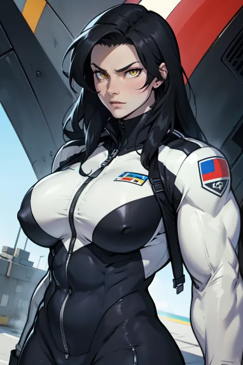 1 girl, black hair, yellow eyes, very long hair, pale skin, ((((extremely muscular)))), large breasts, (confident expression), pilot suit, close up