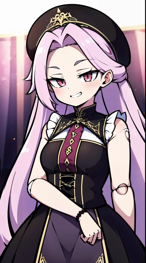 masterpiece, best quality, sharp focus, absurdres, 1girl, solo, fantasy, light purple hair, very long hair, curly hair, french braid, single sidelock, forehead, red eyes, pink eyes, detailed eyes, medium breasts, breasts, young girl, smirk, evil grin, evil...