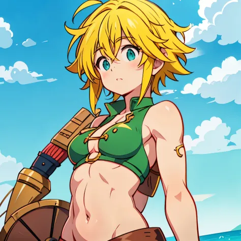 meliodas in female version with medium breasts, her cheeks were red