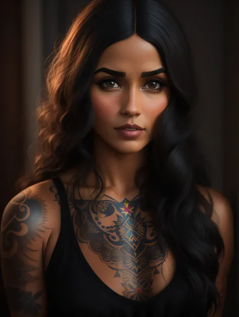 uma mulher morena com um olhar marcante, tatoada, usando regata preta  estilo disney pixar, alta qualidade, melhor qualidade