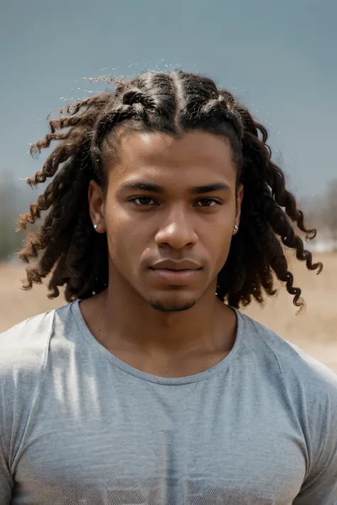 a frontal face portrait for a young black latino man with little afro hair braids back, large lips and no beard, athletic men, serious, white background