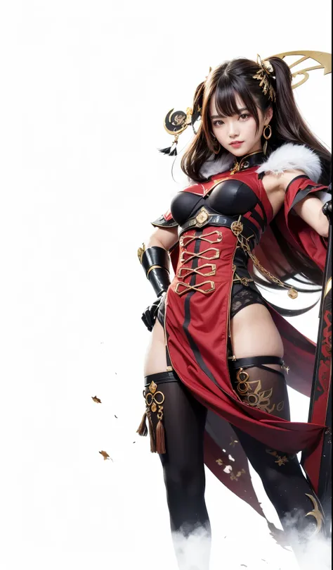 Beidou, genshin impact, liyue, female, dark brown hair with gold sonde, red eyes, red top outer, dark brown inner, dark brown short, dark brown cape, black sword, dark brown glove, gold earrings, friendly smiling 