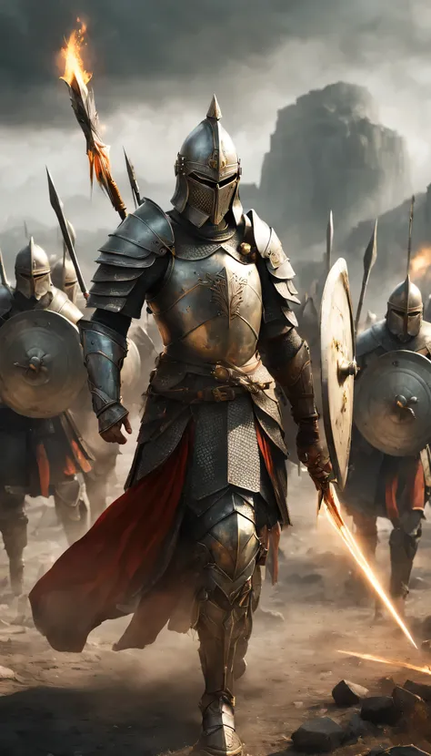 (best quality,4k,highres,masterpiece:1.2),ultra-detailed,realistic:1.37,portrait,landscape,war,action,epic,brave soldiers,epic battle,historical warriors,ancient warfare,detailed armor,shield wall,powerful spears,archer regiment,display of strength and cou...