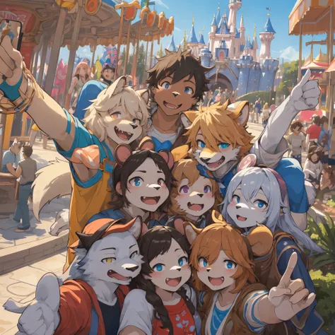 top quality, best quality, High-quality illustrations, masterpiece, super high resolution, detailed background, detailed background, An amusement park, Disneyland, group shot:0.5, 6+boys, 6+girls, Happy, joyful, absurdres(highly detailed beautiful face and...