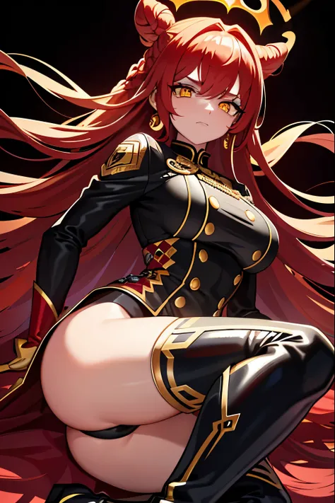 masterpiece, Best quality, 1 girl, long hair, big bust, very long red hair, yellow eyes, buns with braid , Black Uniform, crown, gold earrings, good anatomy, red gloves, boots, heels, evil, emotionless, frightening, Bloody, Detailed eyes, TRON, dark backgr...