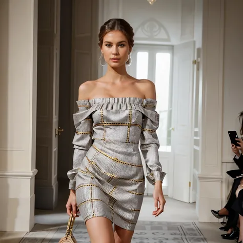 {{Elegant {runway model}}} {adorned in {ultra-realistic depiction}} of {Bardot-cut satin dress} with {sophisticated grey and yellow check pattern} at {exclusive couture runway} in Milan. {Sophisticated}- {showcasing {realistic portrayal of effortless runwa...