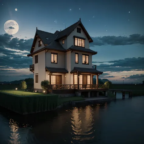 High quality landscape, a sky filled with clouds and moonlight illuminating the place where it is night and a house located in front of the river, 3D rendering, high quality