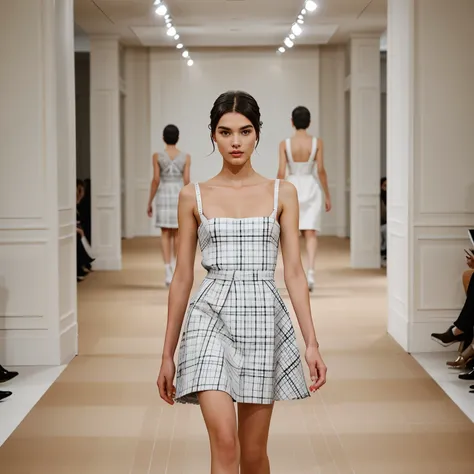 {{Photograph}} of the {runway model}}} {gracing {fitted linen dress}} adorned with {classic Vichy check pattern} at {prestigious couture runway} in Milan. {Chic}- {showcasing {effortless runway presence and confident poses}}. {Indoor} to create an {elevate...