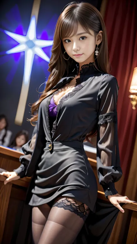 Super detailed、Japanese、charming beauty、seductive adult woman、Dainty woman、sharp eyes、cool girl、wavy hair、suit、Black chiffon、purple lace fabric、wide sleeve、Jacket、white blouse、flare skirt、pantyhose、Shiny legs、evilの幹部、evil depravity、brainwashing、Mind contro...