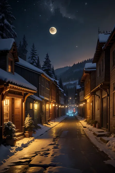 Official Art, Ancient Streets, (Lots of Fireflies), (Night), (Moon), Grassy Lanscapes, Winter Landscapes, Snow, Lights, Beautiful Landscapes, Epic Landscapes, Realistic Lighting, Masterpieces, High Quality, Beautiful Graphics, High Detail, Global Illuminat...