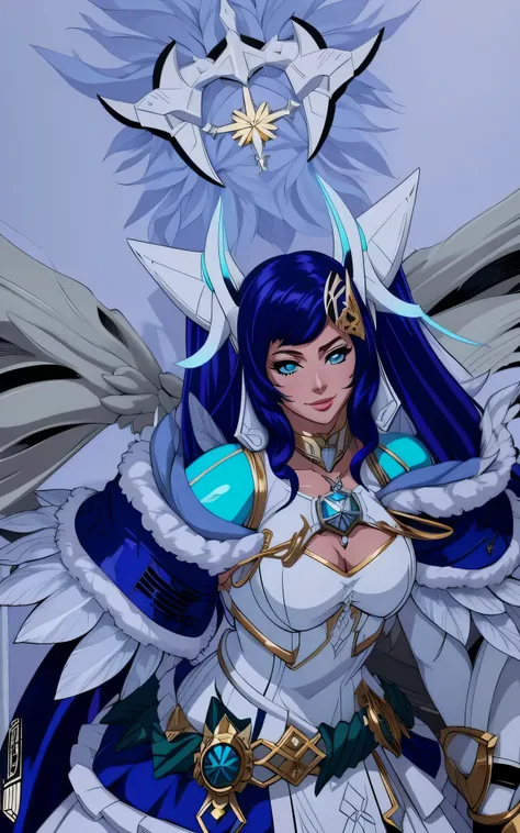 anime - style image of a woman dressed in a white and blue outfit, as a mystical valkyrie, angel in plastic armor, beautiful cyber angel girl, seraphine ahri kda, valkyrie style character, mystical valkyrie, unreal engine render + a goddess, portrait knigh...