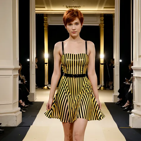 Photograph of a beautiful 20-year-old redhead model with a pixie cut, wearing a fitted dress with vertical yellow and black stripes, walking the runway at a haute couture fashion show in Paris.