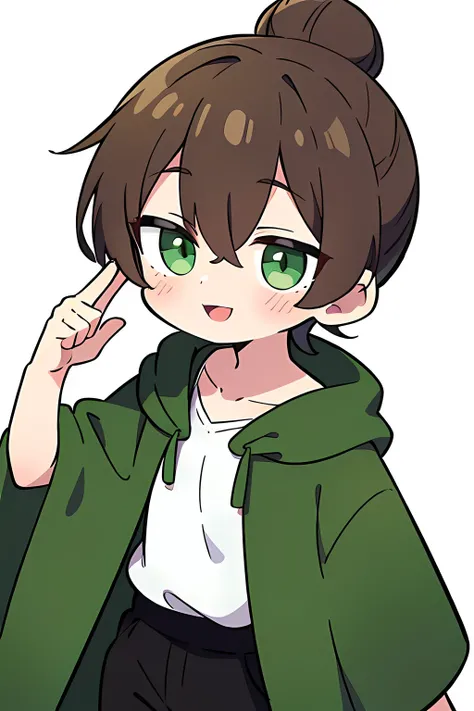 1boy, short brown hair, hair pulled back into a bun, green eyes, wearing a green cloak, black pants, smile, white background, absurdres, high res, ultrasharp, 8k, masterpiece