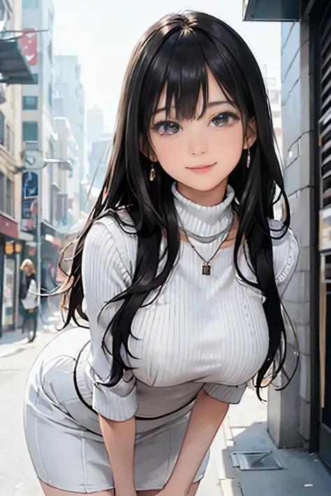 (White Sleeve Breasted Turtleneck Knit)、pencil skirt、20 year old girl, medium chest,, plump nipples、Forward bends with emphasis on the chest、black hair、Long Wave Hair,on the city street, necklace、earrings、knee high stockings、high heels ((very detailed)), s...