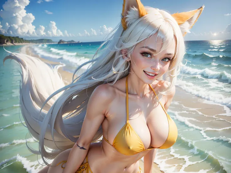 (ultra-detailed,best quality,highres:1.2),realistic,BLARKY beautiful caucasian woman with very long straight white hair,(yellow eyes),fair skin,expressive face,attractive appearance,animal ear fluff,animal ears,extra ears,fox ears,fox girl,fox tail,long ha...