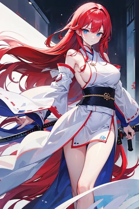 4K,High resolution,one woman,redhead,long hair,blue eyes,big breasts,ninja,White priestess uniform,side boob,removed sleeve,ninjaの鉢巻,Japanese sword,city of the future