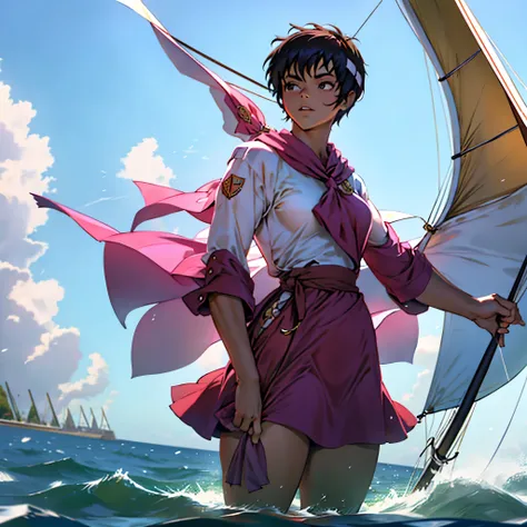 casca usando um short curto e uma regata rosa