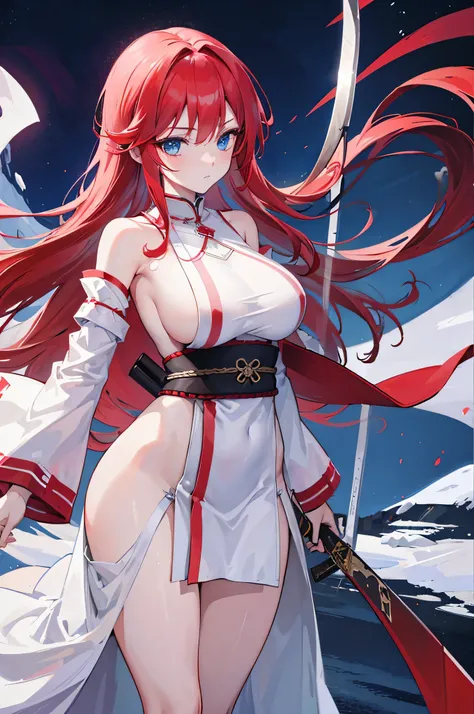 4K,High resolution,one woman,redhead,long hair,blue eyes,big breasts,ninja,White priestess uniform,side boob,removed sleeve,Japanese sword,city of the future