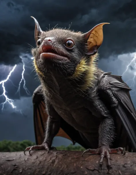 (hybrid:1.10) (lizard:0.95) (fruitbat:1.05), (merge:1.1), scales, long-tail, stormy skies, lightning, spooky scary photographic, realism pushed to extreme, fine texture, incredibly lifelike, cinematic, large format camera, photo realism, DSLR, 8k uhd, hdr...