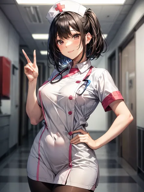 highest quality、complete limbs、full finger、black haired woman、Very Shorthair Woman、Beauty busty woman:1.3、((A woman wearing a pink nurse costume))、big smile、woman wearing black tights、A woman wearing a nurse&#39;s hat、hospital、hospital room、Hands on hips、s...