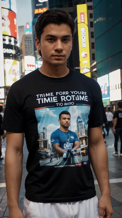 Camiseta branca hiper-realista simulando um homem bonito com fundo em time Square Foto de melhor qualidade