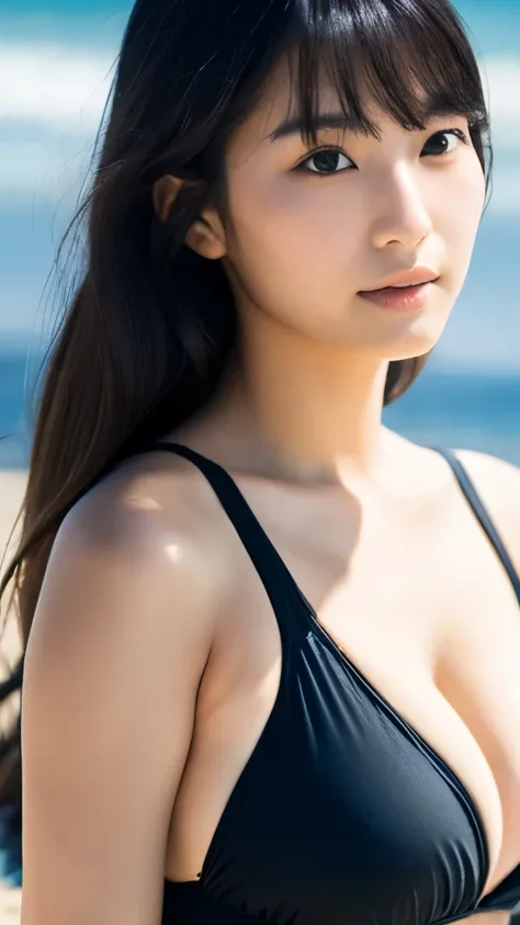 Top quality, beautiful Japanese women, top models, masterpieces, light makeup, dark hair, beach, beautiful, elegant.  Super fine details, works, real texture, perfect works, 8k, HD, swimsuit, chubby body, young face, large breasts, whole body