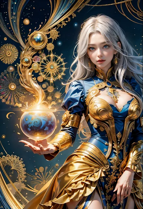 (highest qualityの, highest quality, beautiful and aesthetic:1.2), (1 girl), Composition of the golden ratio,very detailed,(fractal art:1.3),dynamic line of sight,colorful,best details, Goddess of increasing financial luck,has silver hair and blue eyes, gol...