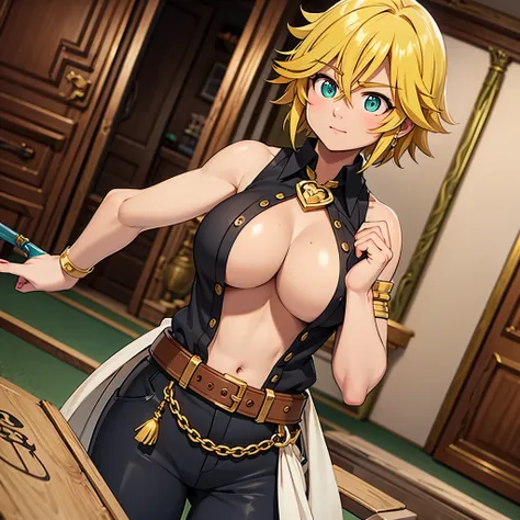 meliodas in female version with medium breasts wearing a black blouse with her hands inside the blouse pocket and inside her boa...