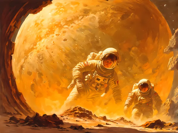 oil painting soviet si-fi spacepunk Soviet cosmonauts and archaeologists are studying the dust-covered ruins of an unknown civilization they found on the atmospheric moon of Jupiter, covered with dust and craters Watercolor, trending on ArtStation, Sharp F...