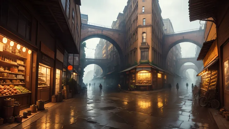 ((masterpiece)),((best quality)),((high detial)),((realistic,))
Industrial age city, deep canyons in the middle, architectural streets, bazaars, Bridges, rainy days, steampunk, European architecture