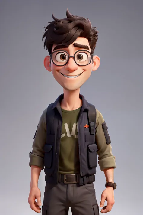 In the enchanting world of Disney Pixar, imagine a brave and confident adult male character. Dressed in black military pants, a ballistic vest for protection, and a long-sleeved red shirt that adds a pop of color to his attire, he completes his look with a...