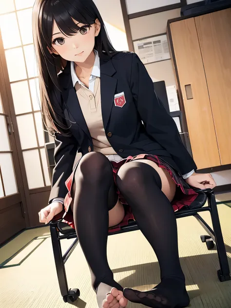 show entire body, feet in view, female Japanese student, plaid skirt, polo shirt, school jacket, pantyhose, no shoes outside