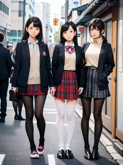 show entire body, feet in view, 3 female Japanese students, plaid skirts, polo shirts, school jackets, pantyhose, no shoes outside