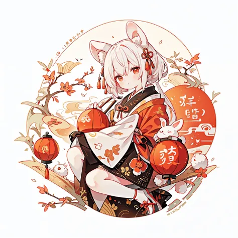 （rabbit：1.4）, sat on the ground, look up, mid-autumn festival atmosphere, （chinese chinese characters：1.3），traditional chinese i...