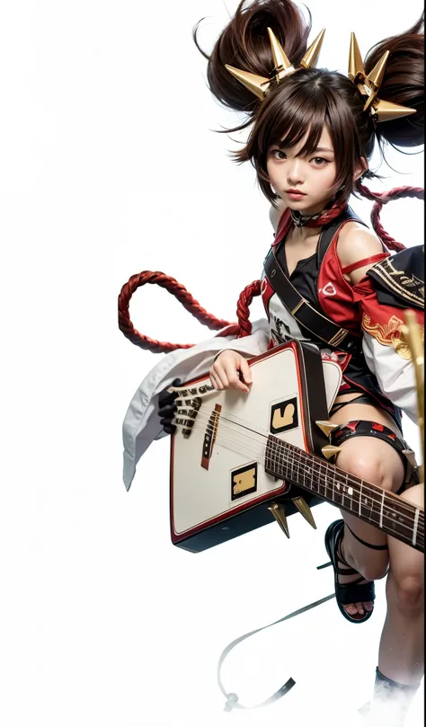 Xinyan, genshin impact, liyue, female, brown skinned, brown hair with red stripes, spike bandana, ball twintail, brown eyes, white brown red top, white diamond shaped guitar, white arm decker, brown slipper with spike