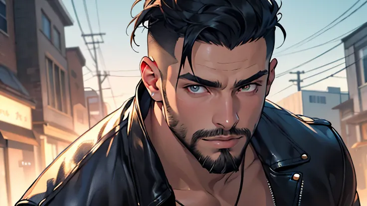 ((best quality)), ((masterpiece)), (detailed), perfect face, handsome, has a beard, golden eyes, short hair with fade, black hair, muscular, leather jacket, early 30s