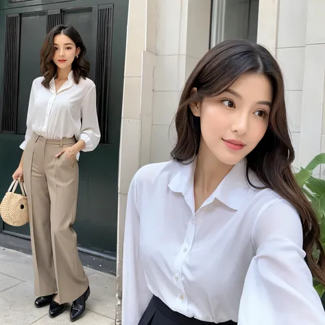 This beautiful teacher wore a simple and elegant white shirt with a pair of black slim trousers, showing her tall figure and graceful curves. Her long hair was shawl, slightly curly, and gave off a faint fragrance. Her facial features are delicate, her eye...