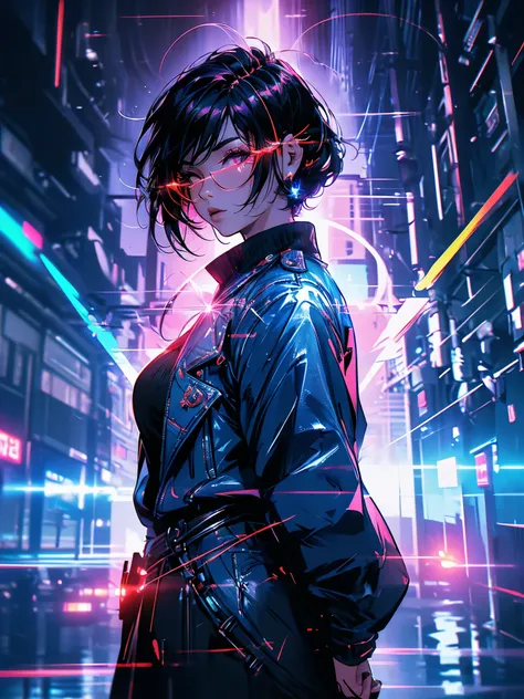 Asian woman in blue jacket against wall, close-up of face, side light, harajuko style, red blood glowing eyes, big ass, full body, in the field of concret, (A bottom-up view with a focus on character and setting), (wide view of open field), (Low-angle phot...