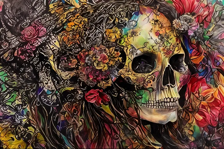 painting of a woman with a skull and flowers in her hair, highly detailed visionary art, shamanic horror lsd art, highly intricate and colorful, colourful!! highly detailed, highly intricate in technicolor, hyper detailed visionary art, intricate colorful ...