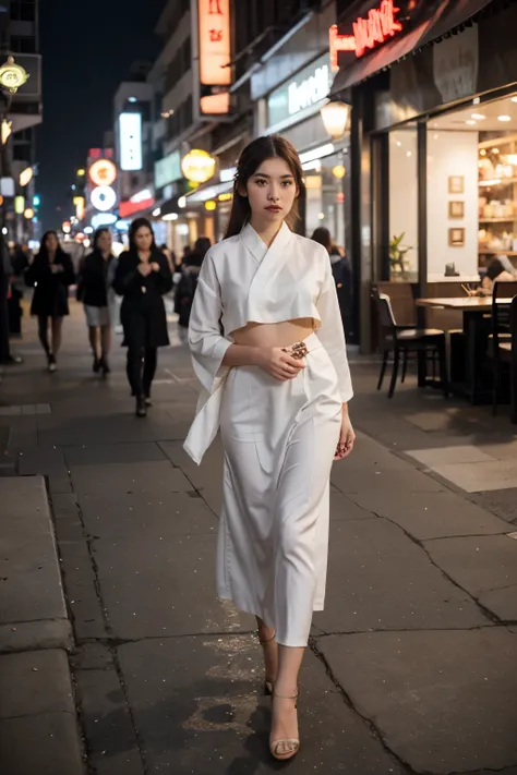 Draw a 20s model walking with grace in a sophisticated urban restaurant or an exotic cityscape. The model should be elegantly dressed in Hanbok, and the background should feature the glamorous night lights of the city.