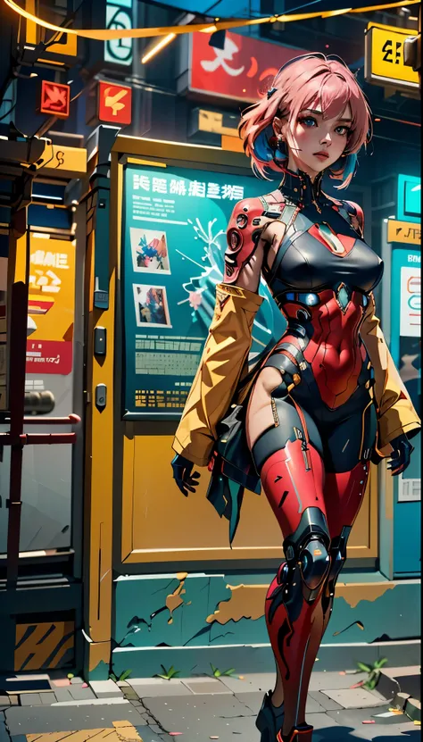 there is a woman in a red and gold outfit standing next to a blue and pink poster, trending on artstation pixiv, octane. trending on artstation, digital cyberpunk anime art, cyberpunk character design, fine details. girls frontline, from girls frontline, g...