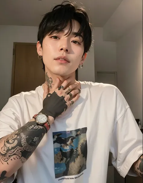 Un primer plano de una persona con tatuajes en los brazos, kim doyoung, cai xukun, pintar ulzzang, kanliu666, inspirado en Bian Shoumin, Jinyoung Shin, handsome japanese demon boy, jungkook, hyung tae, inspirado en Gang Se-hwang, yanjun chengt, foto de per...