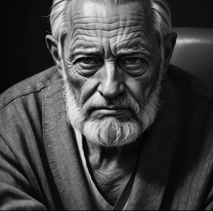 (best quality,highres,masterpiece:1.2),charcoal art style,canvas,elderly man portrait seated in a chair,intense gaze,open eyes,detailed facial features,wrinkles,greying hair,realistic shading,grayscale,2D, perfect face texture. Sad face. Black and White, p...