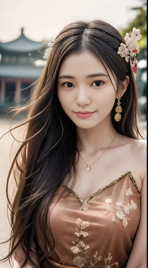 Best quality, masterpiece, high resolution, 1girl, ancient Chinese pink dress, beautiful face, ancient Chinese clothing, bowknot without the original picture, elegant, noble, crown, thin leg, fairy, hair accessory, solo, looking at viewer, smiling, shut up...