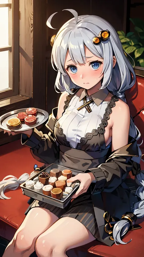 masterpiece,best quality,highres,ultra-detailed,aakari,blue eyes,long hair,ahoge,bangs,twin braids,hair ornament,clerk,casino,holding tray,embarrassed,blush,sitting,
