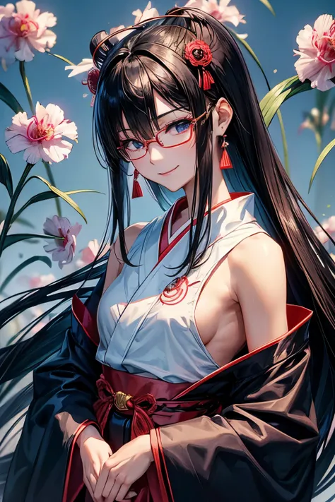 A 26 years old Japanese lady (( slender, small breast)),  black straight hair over one eye(( one dianthus motif small hairpin )), much forelock, wears shrine maidens clothes ((and a red hakama)) , blue under rim glasses, taking someone’s hands pose, holdin...